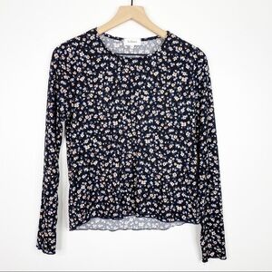 Bhome Black Floral Print Ribbed Ruffle Hem & Cuff Crew Neck Long Sleeve Top